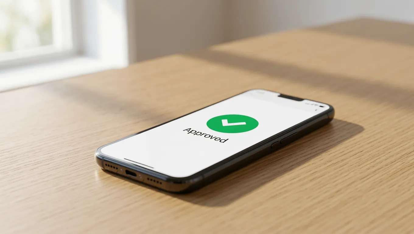 Smartphone showing instant approval loans status on a wooden desk.