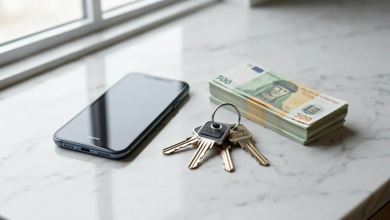Smartphone showing instant personal loans online options near home keys.